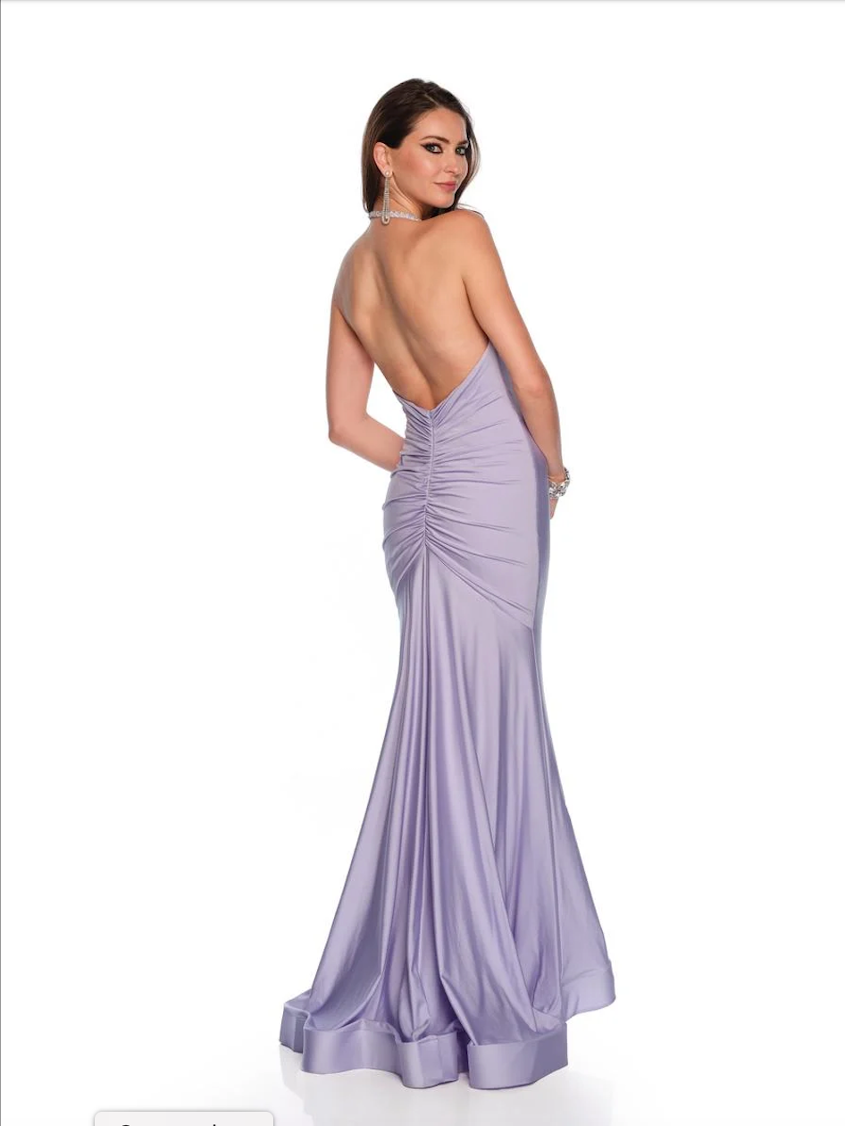 STRETCH JERSEY WITH CRYSTAL HALTER STRAPS V-NECKLINE DEEP OPEN V-BACK WITH RUCHING + SWEEPING TRAIN BY DAVE & JOHNNY NEW YORK 11193