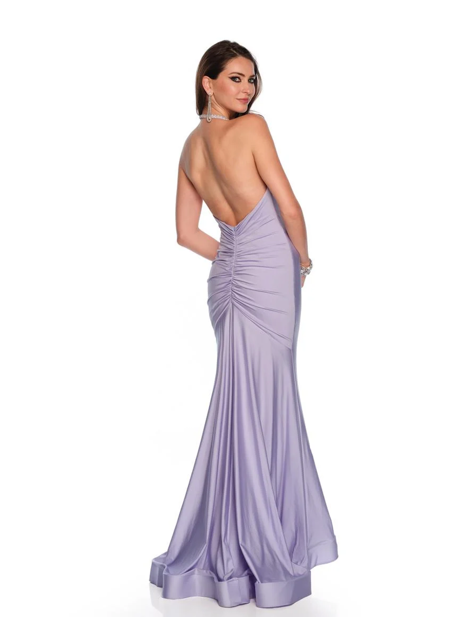 STRETCH JERSEY WITH CRYSTAL HALTER STRAPS V-NECKLINE DEEP OPEN V-BACK WITH RUCHING + SWEEPING TRAIN BY DAVE & JOHNNY NEW YORK 11193