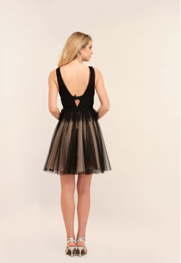 FLIRTY TULLE 2TONE BLACK & NUDE V-NECK + V-BACK COCKTAIL FORMAL SHORT DRESS