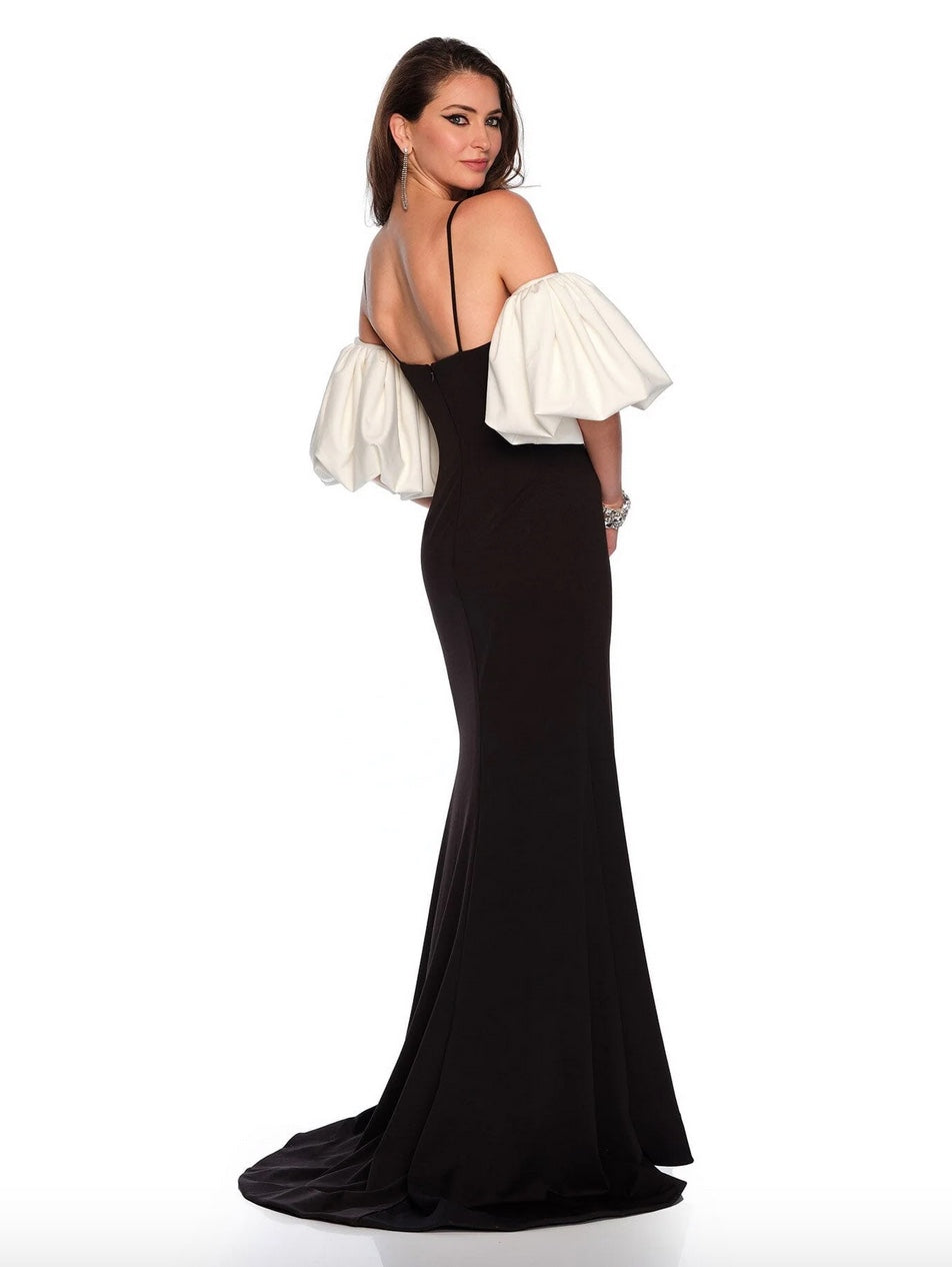 JERSEY FITTED OPTIONAL PUFF SLEEVE GOWN BLACK & WHITE SWEEPING TRAIN BY DAVE & JOHNNY NEW YORK 11368