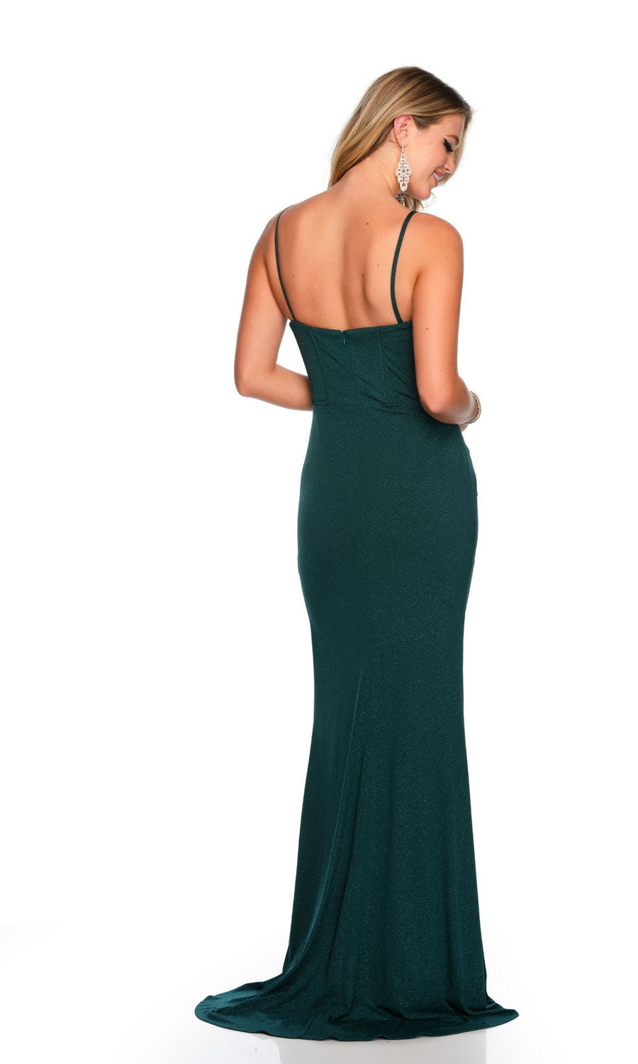 CORSET BODICE WITH BONING FITTED FORMAL GOWN HIGH SLIT DEEP V-NECK WITH ILLUSION SIDE RUCHING LIGHT GLITTER MESH SPAGHETTI STRAPS BY DAVE & JOHNNY NEW YORK 11472
