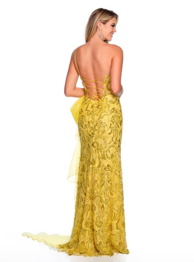 YELLOW BEADED GOWN WITH DETACHABLE BOW + LACE-UP BACK + SLIT BY DAVE & JOHNNY NEW YORK 11527