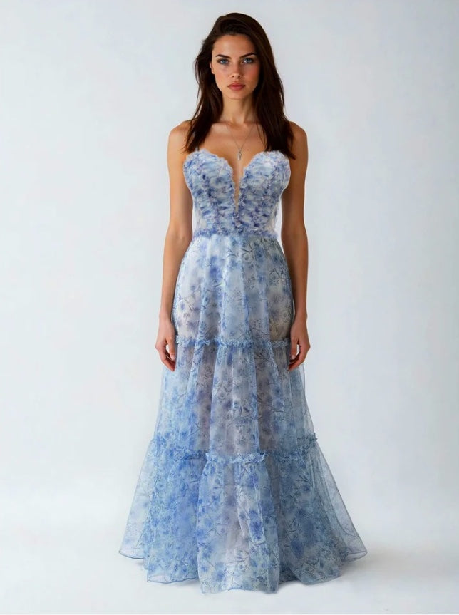 FLORAL BLUE PRINT RUFFLE FLOWY GOWN LACE-UP BACK BY DAVE & JOHNNY NEW YORK 12077