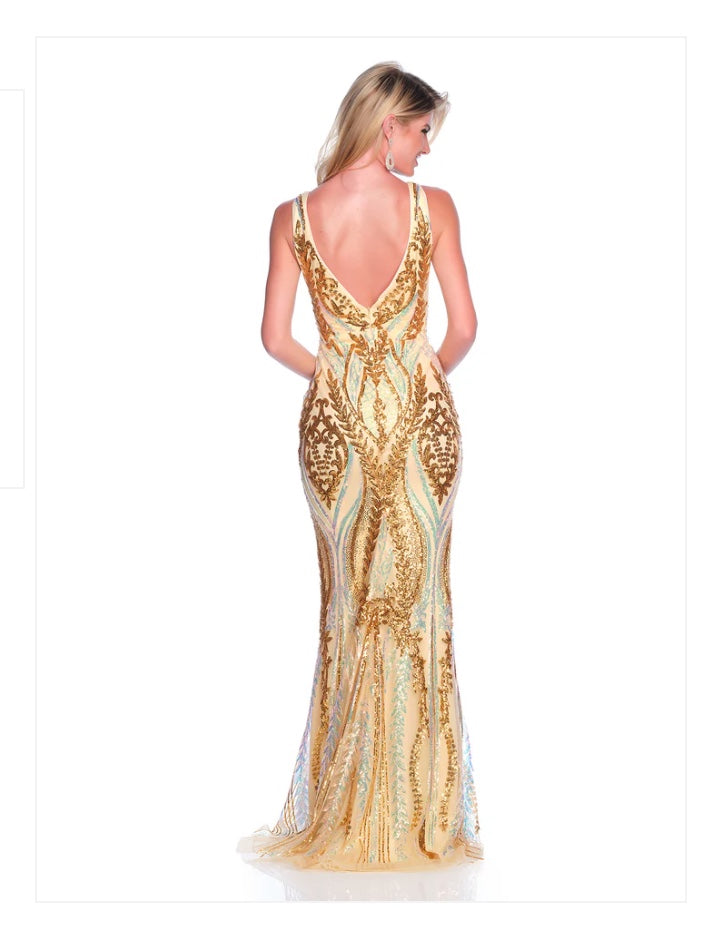 GOLD ALLOVER SEQUIN FITTED GOWN DAVE & JOHNNY NEW YORK 12135