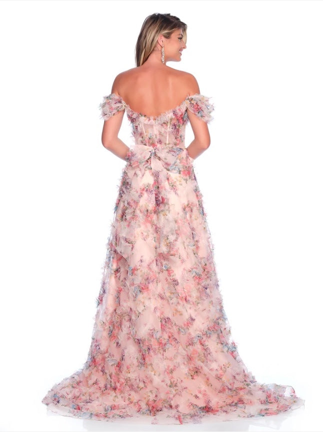 LILAC & PINK PRINT RUFFLE FLORAL CORSET GOWN WITH BOW & SLIT DAVE & JOHNNY NEW YORK 12210