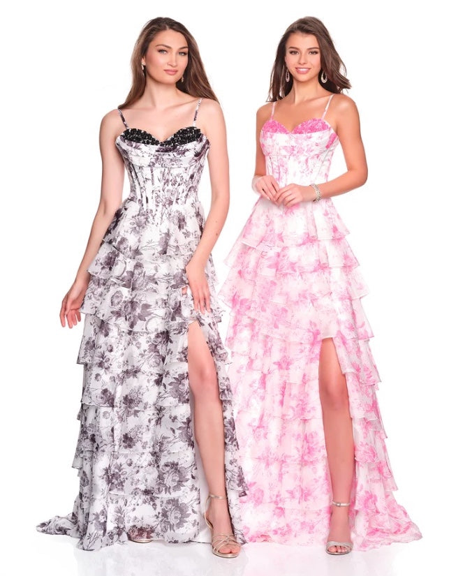 FLORAL PRINTED TIERED GOWN WITH BEADED DRAPED BASQUE WAIST CORSET BODICE & SLIT BY DAVE & JOHNNY NEW YORK 12720
