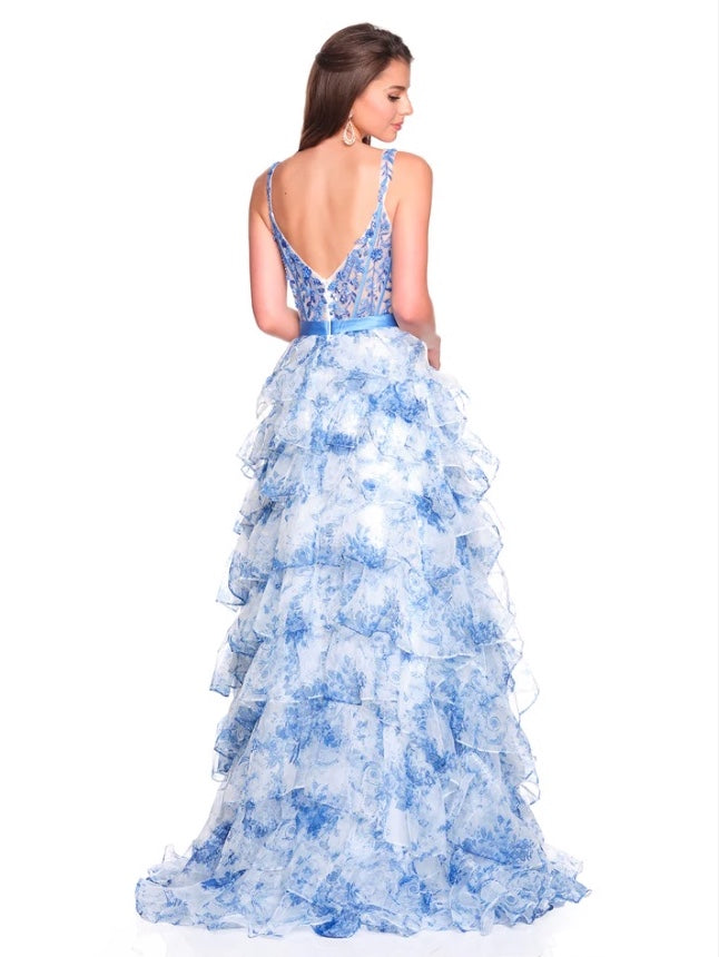 FLORAL PRINT RUFFLE TIERED GOWN BEADED CORSET TOP & SLIT BY DAVE & JOHNNY NEW YORK 12765W