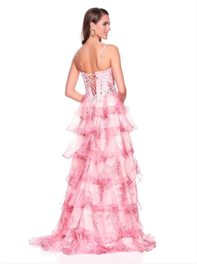 FLORAL PRINTED RUFFLE TIERED CORSET DRESS WITH BASQUE WAISTLINE & LACE-UP BACK BY DAVE & JOHNNY NEW YORK 12941
