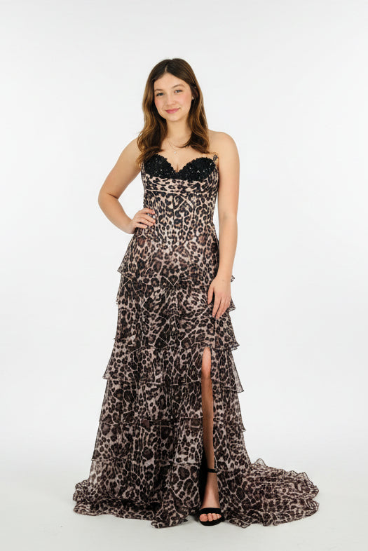 SOFT RUFFLE TIERED ANIMAL PRINT BEADED DRAPED CORSET DRESS WITH SLIT BY DAVE & JOHNNY NEW YORK 12957