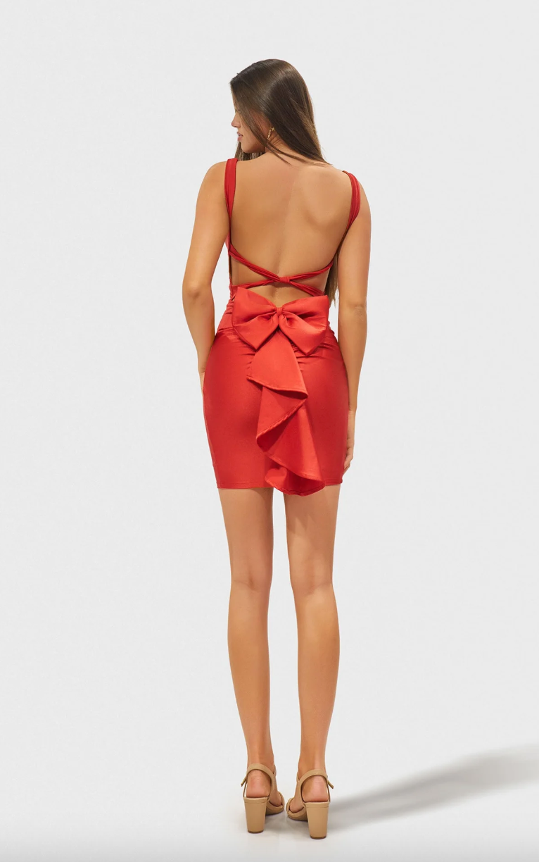 STRETCH JERSEY BODYCON V-NCK OPEN BACK WITH KNOTTED STRAPS + DETACHABLE BOW BY JESSICA ANGEL COLLECTION 2694