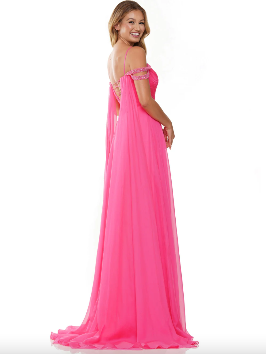 SOFT FLOWY CHIFFON FORMAL GOWN SWEETHEART NECKLINE HIGH SLIT BEADED OFF SHOULDER STRAPS LACE-UP BACK BY COLORS DRESS 3101