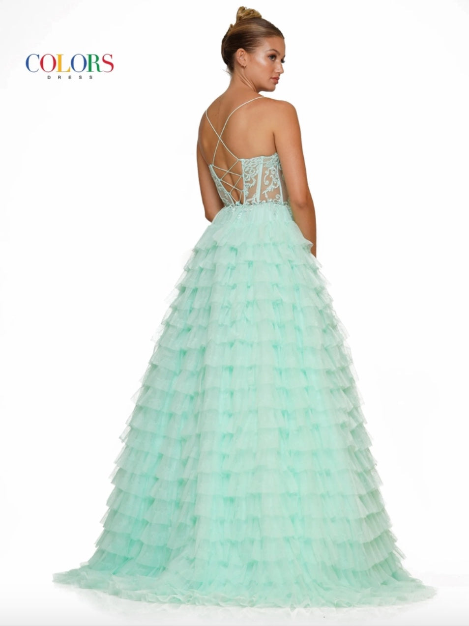 EMBROIDERED MESH RUFFLE A-LINE TIER SKIRT CORSET LACE-UP BACK BY COLORS DRESS 3219