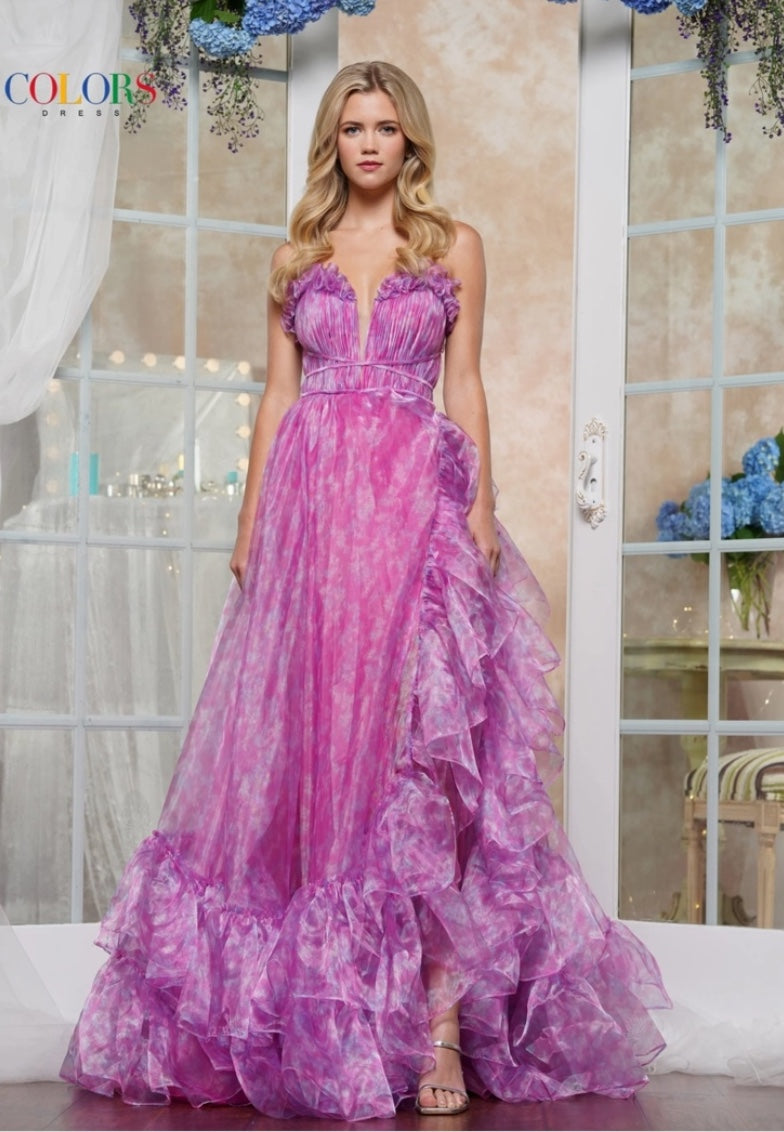 PRINTED FLOWY ORGANZA GOWN WITH RUFFLES + SLIT LACE-UP BACK BY COLORS DRESS 3591