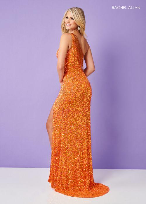 STRETCH TULLE ALLOVER SEQUINS HIGH SLIT 1 SHOULDER WITH BEADED FRINGE BY RACHEL ALLAN 70198