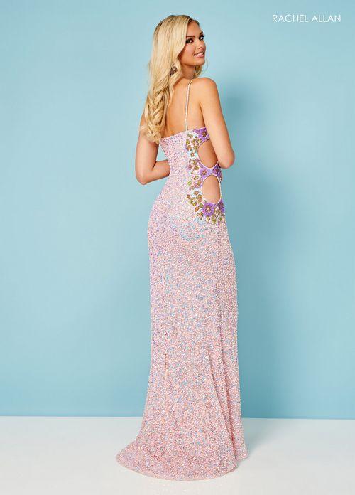 STRETCH TULLE ALLOVER SEQUIN WITH FLORAL CUTOUT DETAIL SCOOP NECK SPAGHETTI STRAP HIGH SLIT BY RACHEL ALLAN 70395