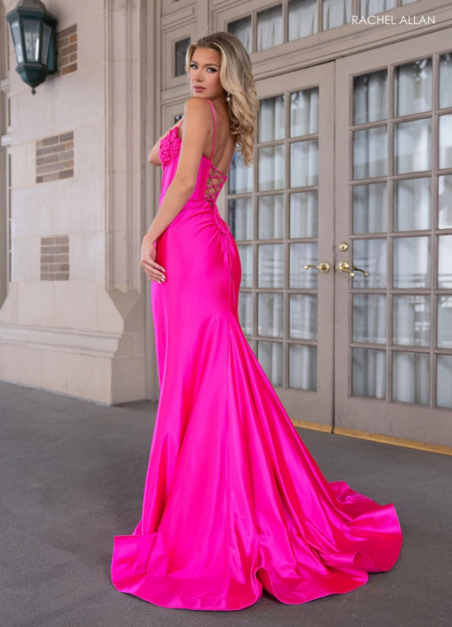 SATIN STRETCH GOWN 3D FLOWERS CORSET BODICE + LACE-UP BACK + HIGH SLIT BY RACHEL ALLAN 70702