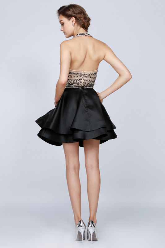BEJEWELED ILLUSION MESH BODICE SATIN LAYERED SKIRT 2 PIECE SHORT FORMAL DRESS JULIET 777