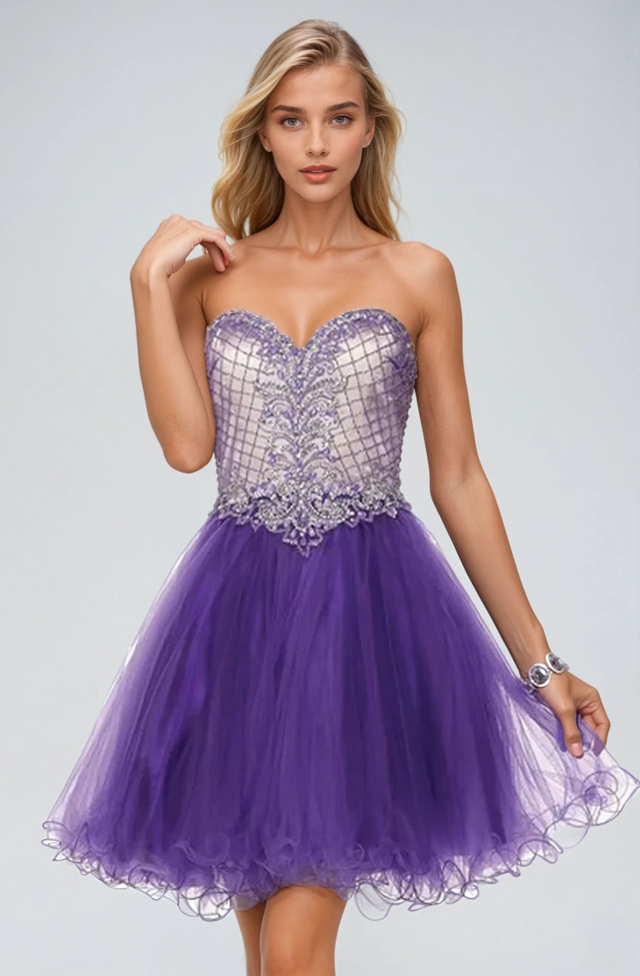 STRAPLESS SWEETHEART CORSET LACE-UP BACK A-LINE TULLE SKIRT INTRICATE BEADWORK SHORT FORMAL DRESS JULIET 778