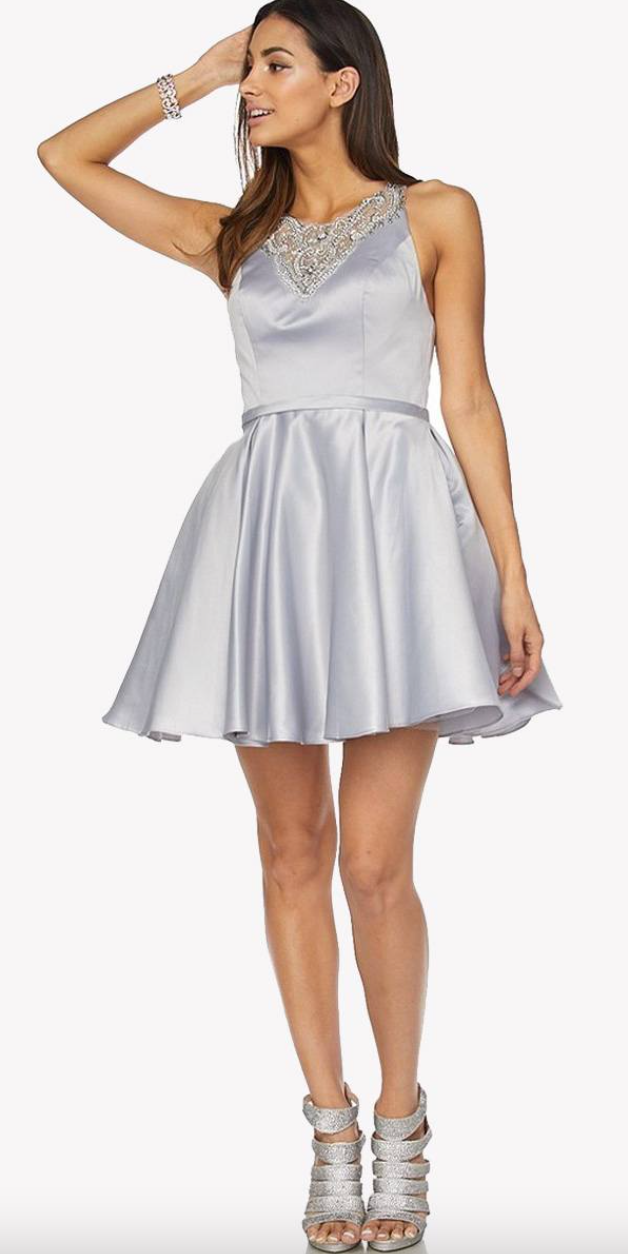 SATIN A-LINE MINI SHORT FORMAL DRESS WITH BEADING & MESH DETAILS ON BODICE & BACK