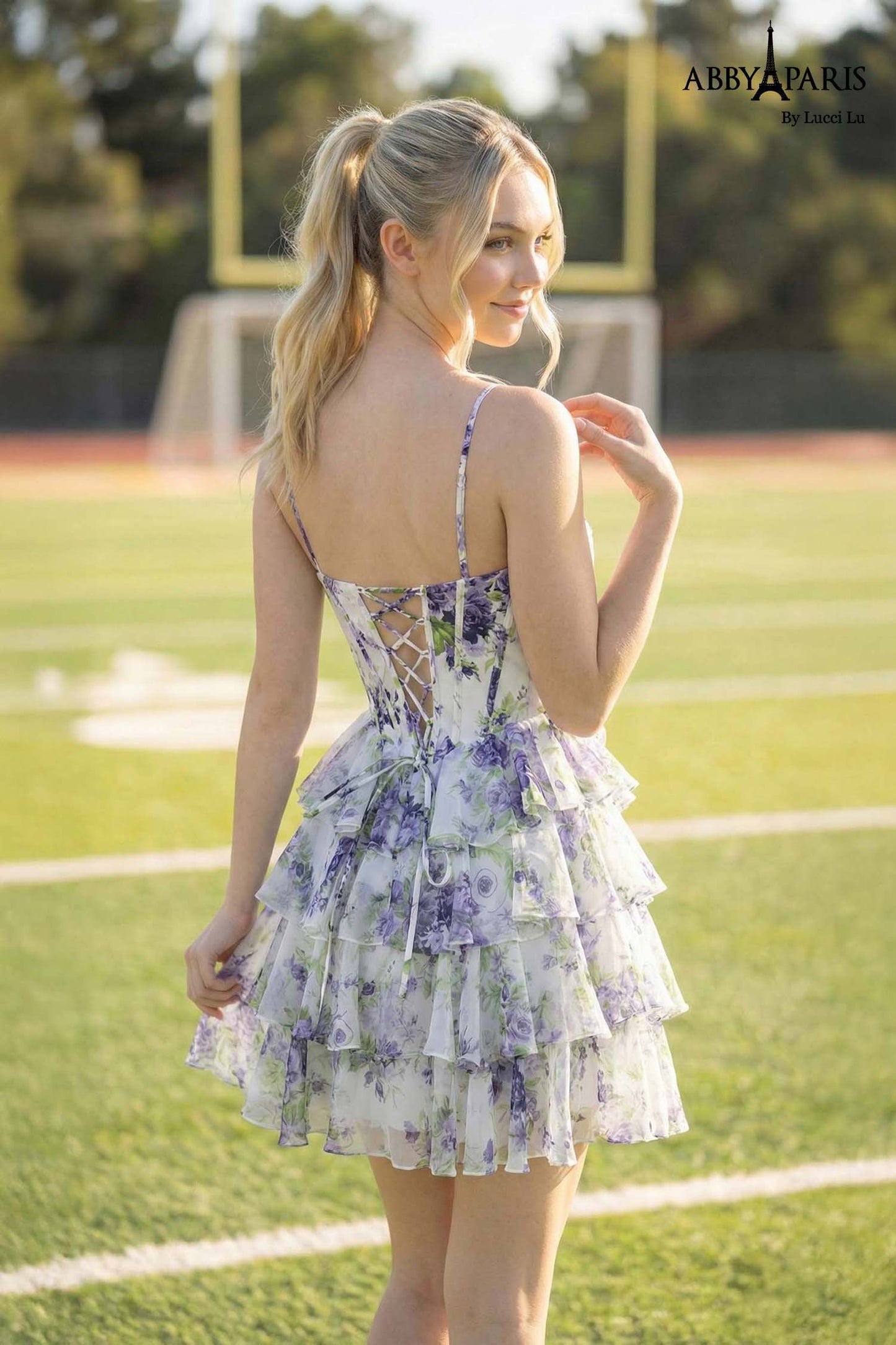 ABBY PARIS BY LUCCI LU 94238 FLORAL TIERED CORSET SHORT DRESS SWEETHEART NECKLINE WITH DRAPING LACE-UP BACK SPAGHETTI STRAPS