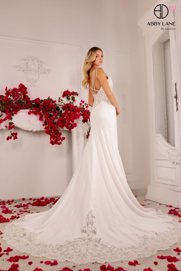 LACE SATIN IVORY FITTED BRIDAL GOWN WITH FULL TRAIN V-NECK BY ABBY PARIS 97126