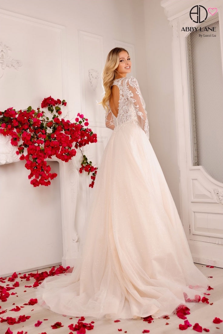 ELEGANT BRIDAL GOWN WITH LONG LACE APPLIQUE SLEEVES BACK KEYHOLE CUTOUT SHIMMER TULLE SKIRT WITH TRAIN BY ABBY LANE 97136