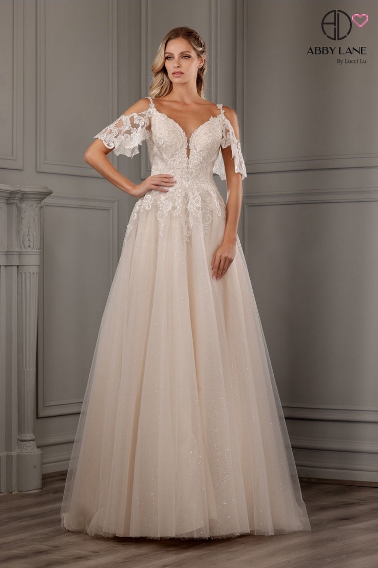 WHIMSICAL COLD SHOULDER LACE & TULLE BRIDAL GOWN BY ABBY PARIS 97156