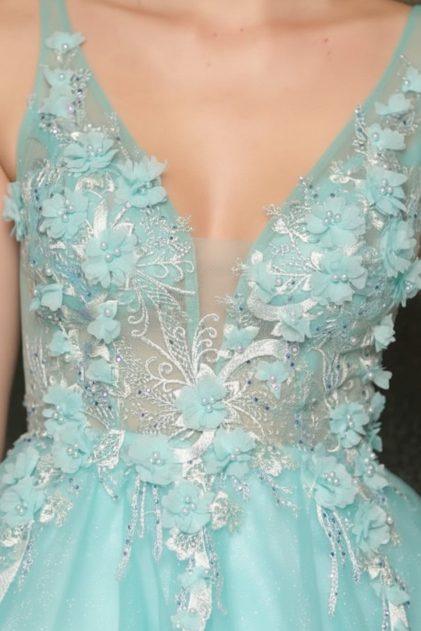 PEARL + FLOWER APPLIQUE CHIFFON V-NECK & V-BACK A-LINE SUBTLE SPARKLE SHORT FORMAL DRESS