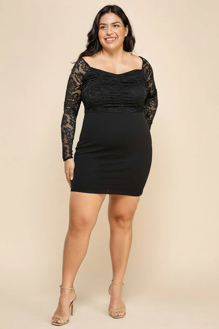RUCHED LACE BODYCON MINI DRESS WITH LACE SLEEVES CURVY EXCLUSIVE – The Posh Blonde