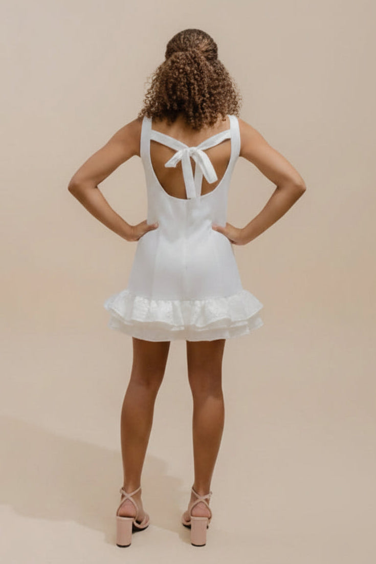 RUFFLE ROMPER OPEN TIE BACK MINI DRESS