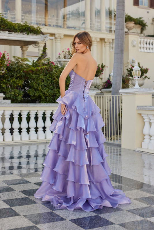 MOONLIGHT ORGANZA RUFFLE TIERED BASQUE WAIST GOWN SWEETHEART EMBELLISHED NECKLINE CORSET TOP LACE-UP BACK + SLIT BY JULIET