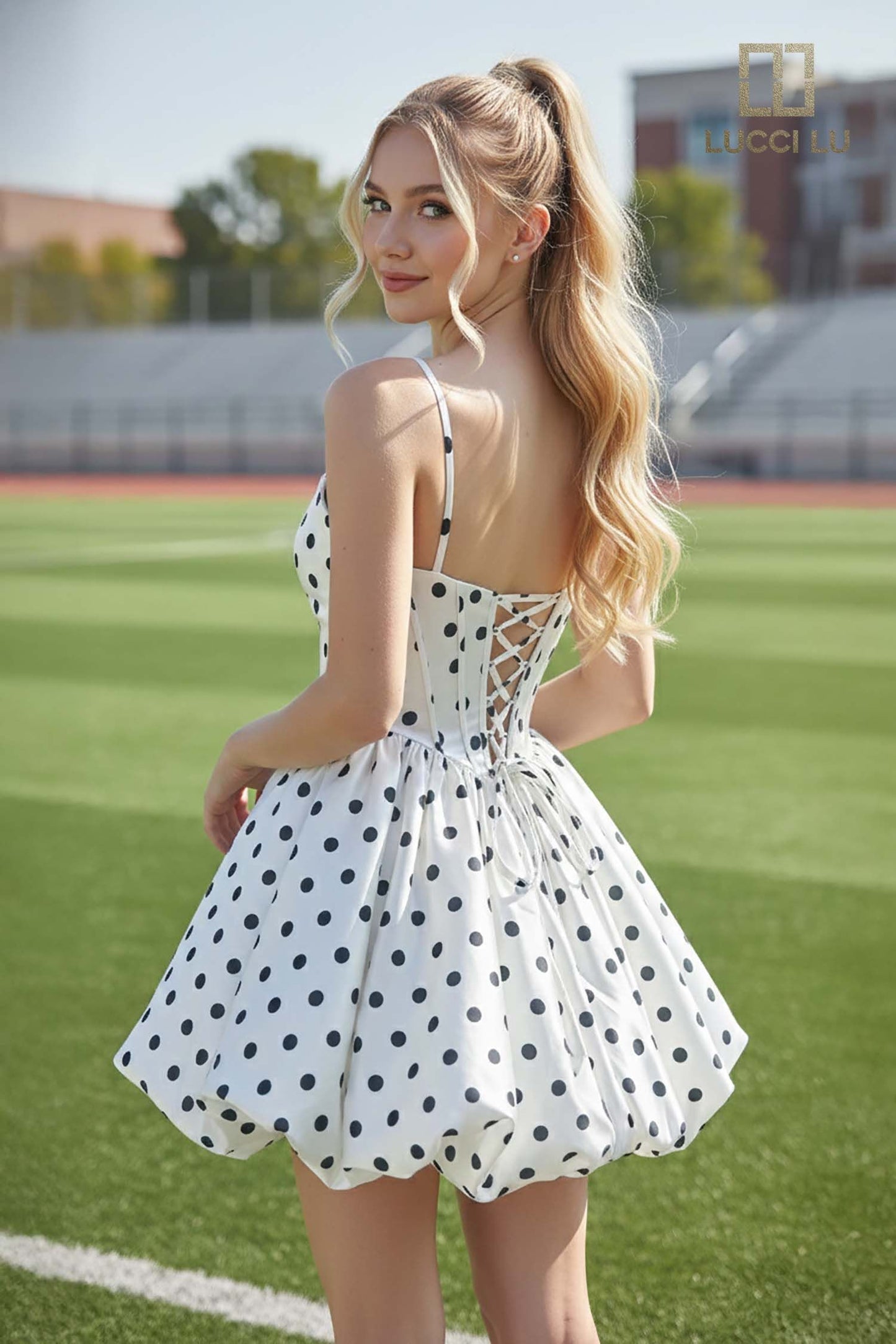 LUCCI LU 4247 SATIN POLKA DOT SHORT DRESS CORSET BODICE WITH BONING + BASQUE WAIST + LACE-UP BACK DETACHABLE PINK BOW DETAILS A-LINE BUBBLE HEM SPAGHETTI STRAPS SWEETHEART NECKLINE WITH DRAPING