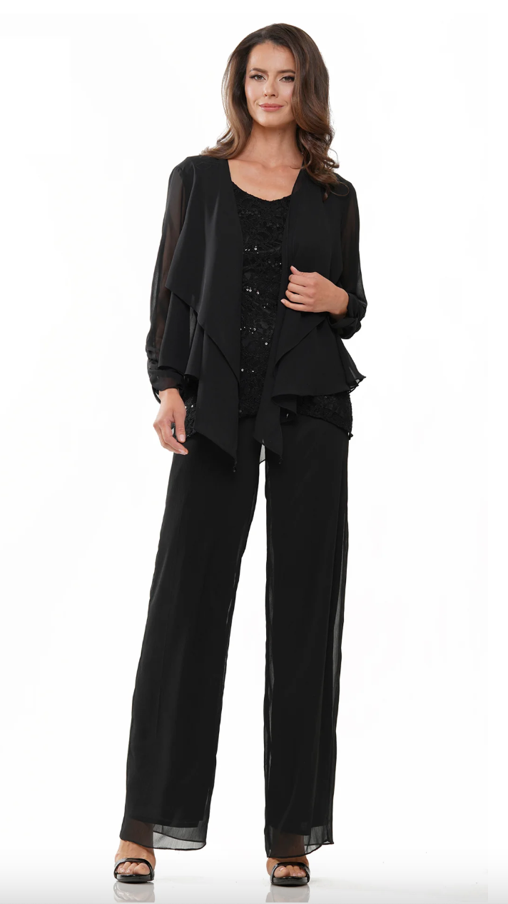 CHIFFON JACKET TOPPER OVER LACE SEQUIN CAMISOLE CHIFFON PANTS MARSONI BY COLORS DRESS M303