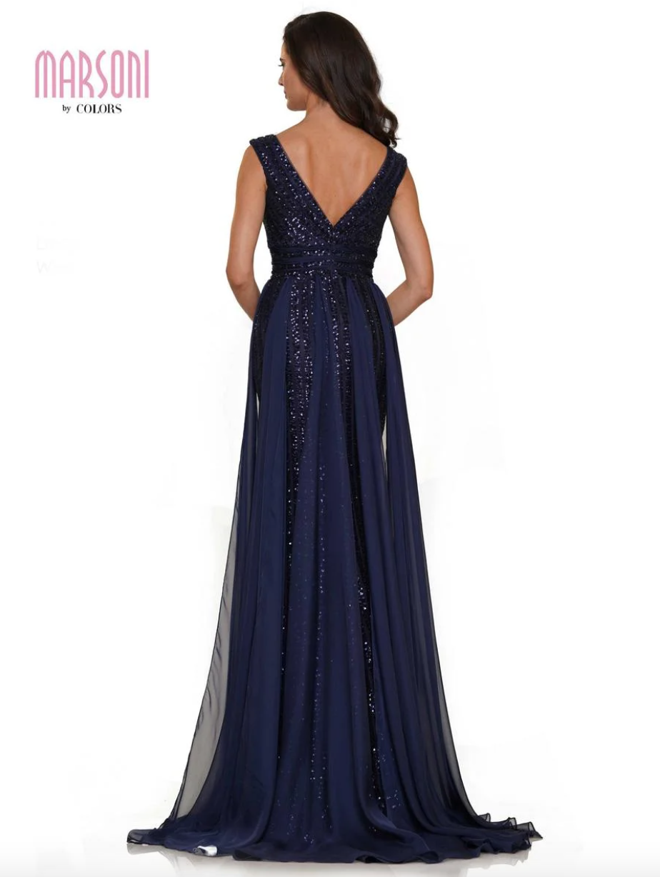 GLAMOROUS ALLOVER SEQUIN GOWN WITH CHIFFON SASHES MARSONI BY COLORS DRESS M314