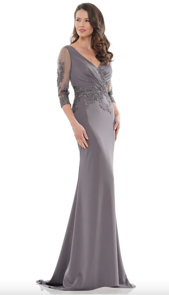 STRETCH FAILLE GOWN RUCHED V-NECK EMBROIDERED DETAILS SHEER 3/4 SLEEVES MARSONI BY COLORS DRESS MV1145