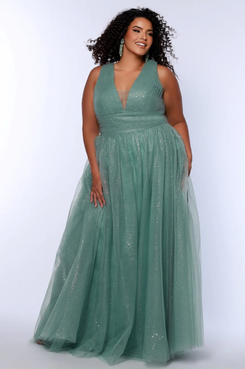 CURVY SUGAR COOKIE GLITTER TULLE DETACHABLE BOWS BALL GOWN WITH POCKETS SYDNEY'S CLOSET SC7417