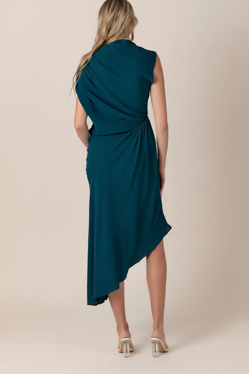 ASYMMETRICAL CINCHED WAIST TEAL MIDI DRESS