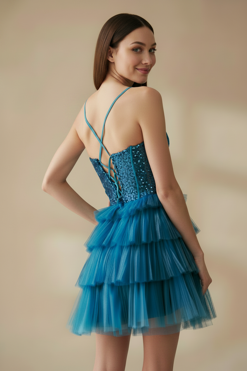 TULLE TIERED SHORT DRESS SEQUIN BEADED CORSET BODICE OPEN LACE-UP BACK