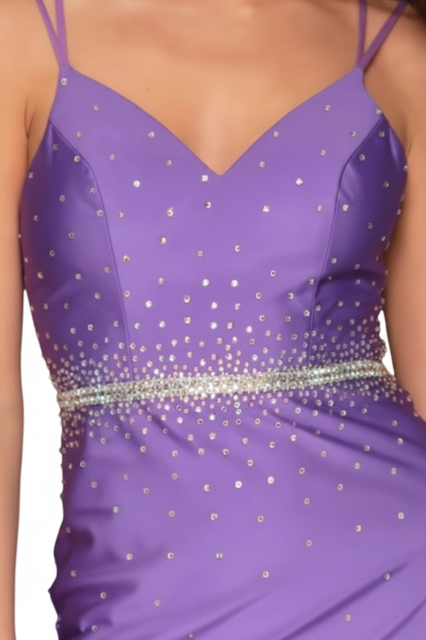 STRETCH MESH V-NECKLINE SCATTERED BEADING & CRYSTAL WAISTBAND DOUBLE SPAGHETTI STRAPS FITTED SHORT FORMAL DRESS