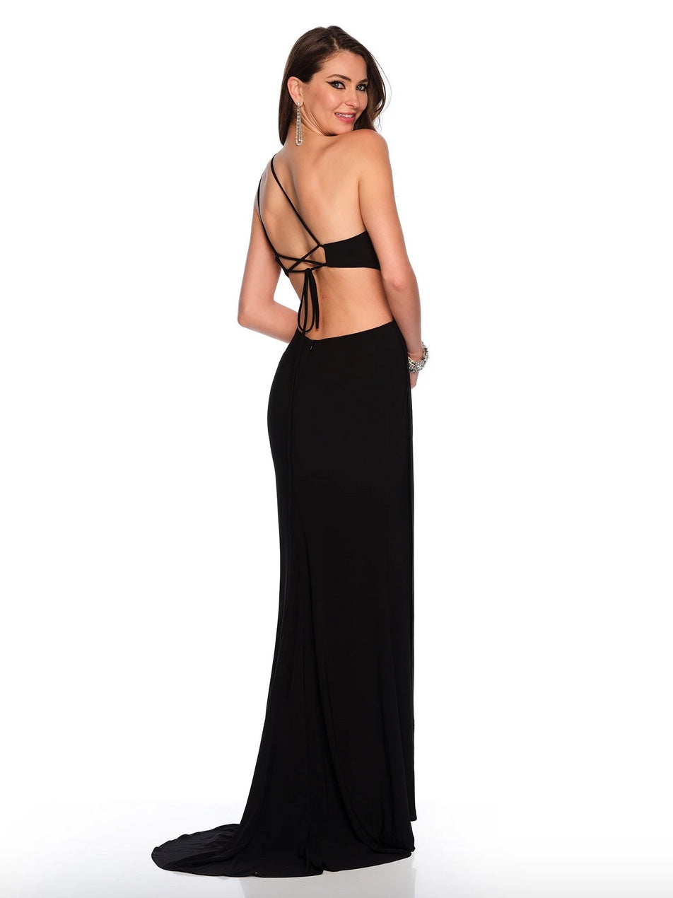 SOFT STRETCH JERSEY ONE SHOULDER DOUBLE STRAP LACE-UP OPEN BACK FITTED SKIRT SIDE SLIT + CUTOUTS BY DAVE & JOHNNY NEW YORK 10974