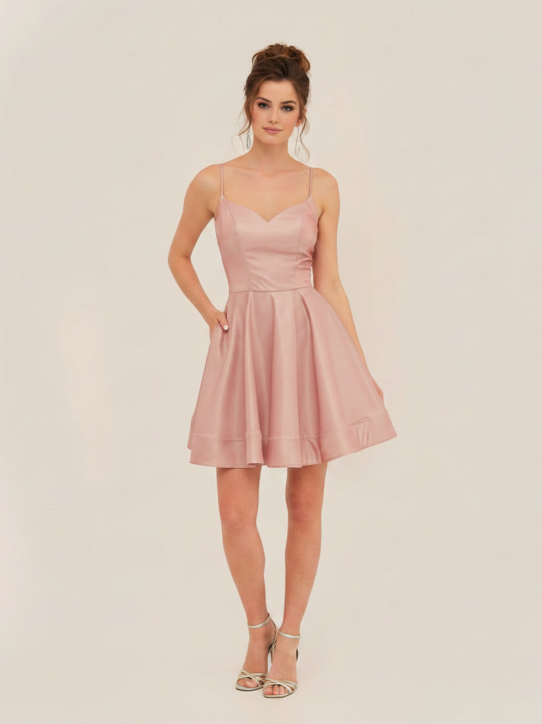 FLASH SALE ITEM! ROSE + SILVER SPARKLE SHIMMER A-LINE SWEETHEART NECKLINE + POCKETS SHORT FORMAL PARTY DRESS