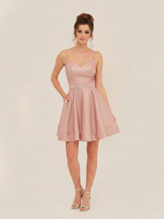ROSE + SILVER SPARKLE SHIMMER A-LINE SWEETHEART NECKLINE + POCKETS SHORT FORMAL PARTY DRESS