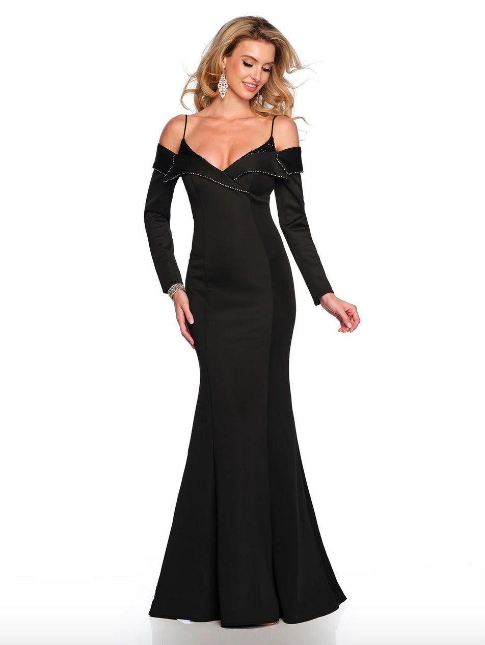 ELEGANT BLACK TIE TUXEDO STYLE SCUBA COLD SHOULDER GOWN BY DAVE & JOHNNY NEW YORK 11434