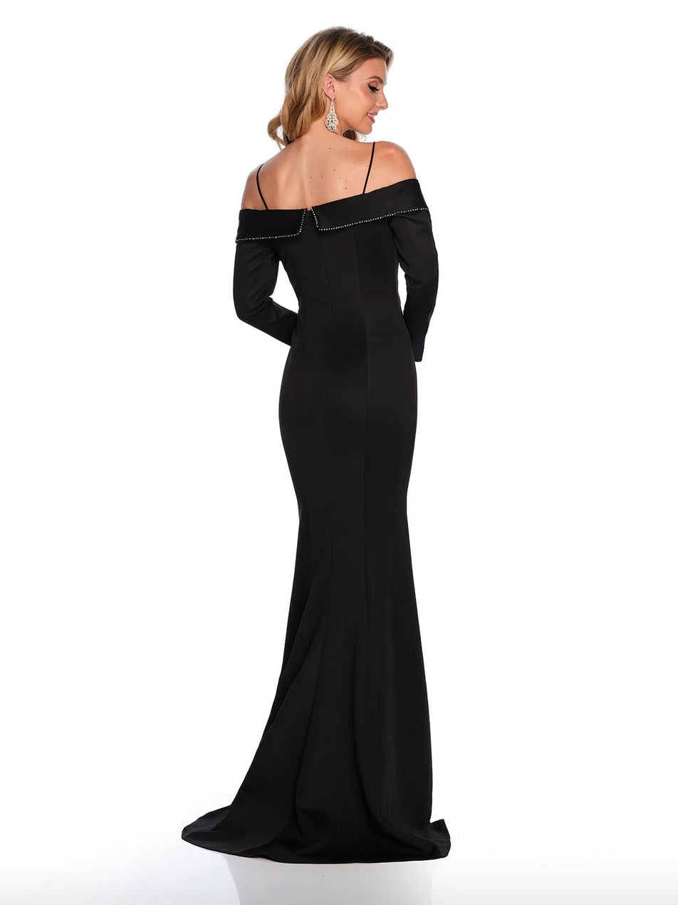 ELEGANT BLACK TIE TUXEDO STYLE SCUBA COLD SHOULDER GOWN BY DAVE & JOHNNY NEW YORK 11434
