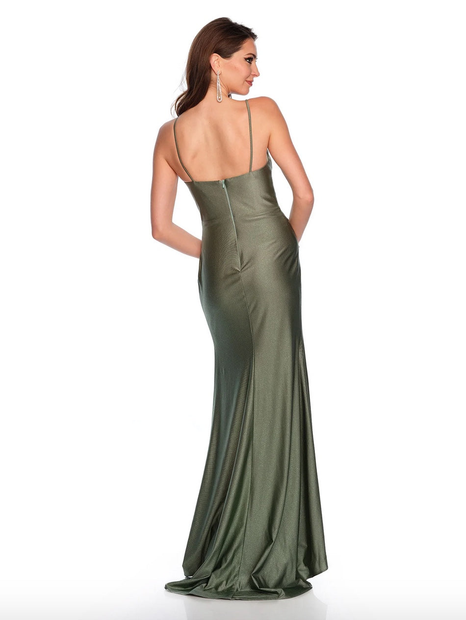 GLITTER MESH GOWN EMBELLISHED V-NECK RUCHING & HIGH SLIT BY DAVE & JOHNNY NEW YORK 11484
