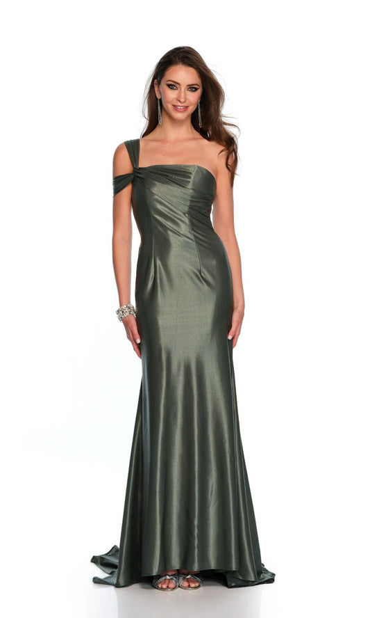 STRETCH SATIN ONE SHOULDER SLEEK FITTED GOWN SWEEPING TRAIN BY DAVE & JOHNNY NEW YORK 11486