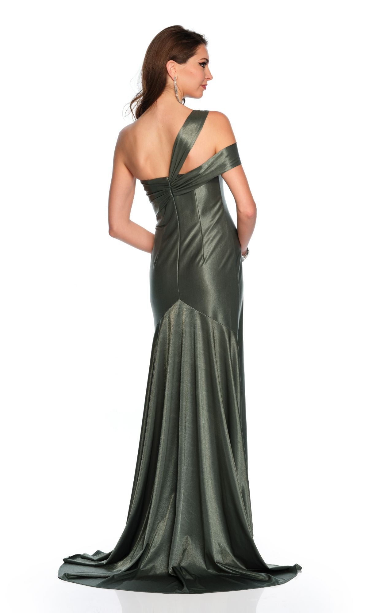 STRETCH SATIN ONE SHOULDER SLEEK FITTED GOWN SWEEPING TRAIN BY DAVE & JOHNNY NEW YORK 11486
