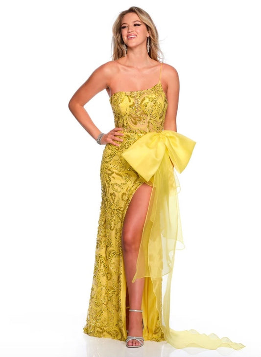 YELLOW BEADED GOWN WITH DETACHABLE BOW + LACE-UP BACK + SLIT BY DAVE & JOHNNY NEW YORK 11527
