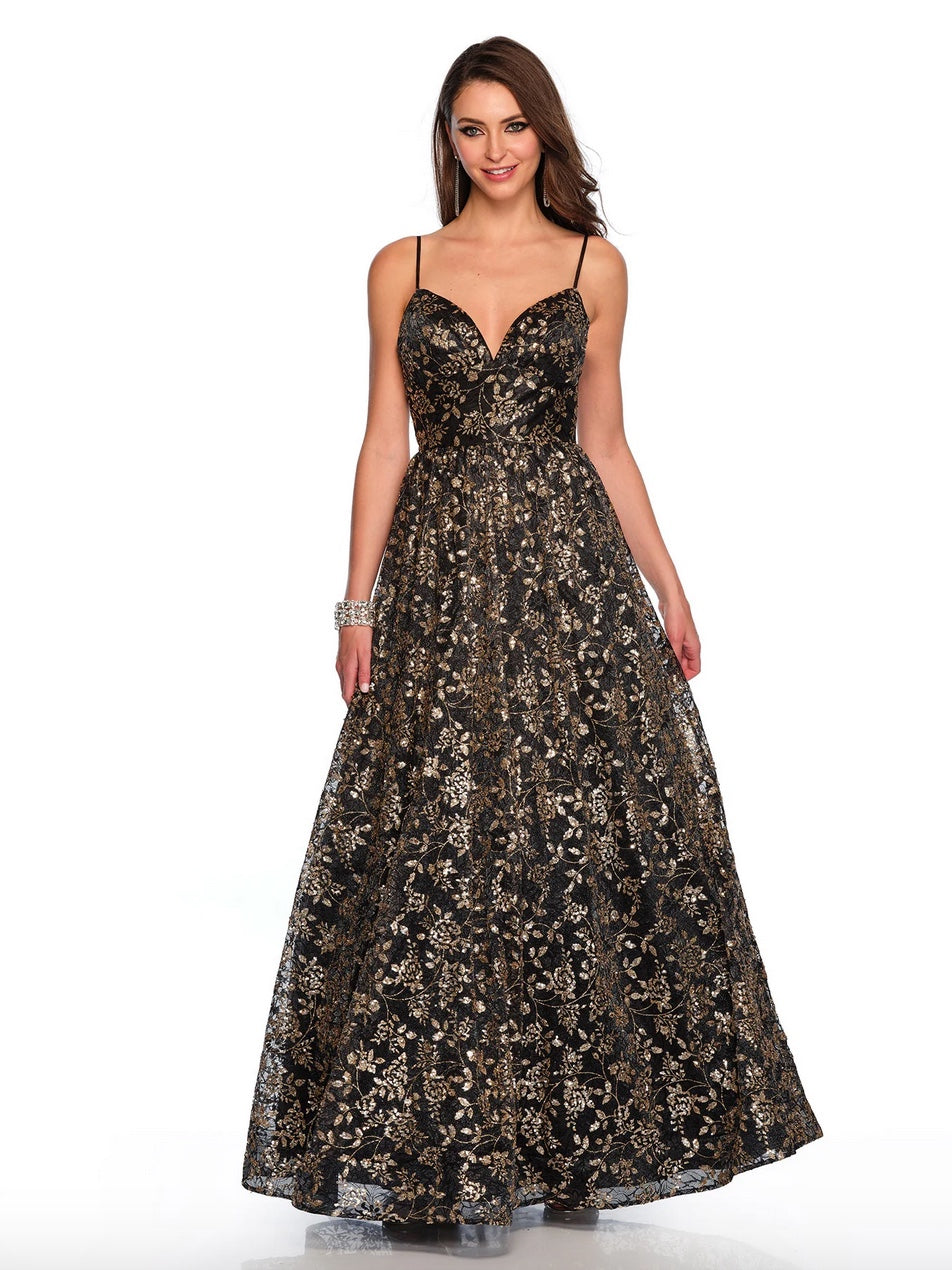GLITTER & SEQUIN MOTIFF FLORAL BLACK & GOLD LACE BALLGOWN V-NECK LACE-UP BACK BY DAVE & JOHNNY NEW YORK 11548