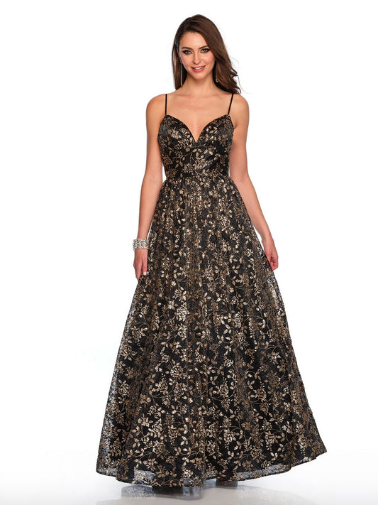 GLITTER & SEQUIN MOTIFF FLORAL BLACK & GOLD LACE BALLGOWN V-NECK LACE-UP BACK BY DAVE & JOHNNY NEW YORK 11548